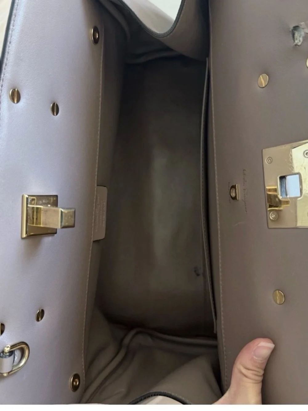Salvatore Ferragamo Biege Leather Studio Top Handle Bag Gold Hardware
